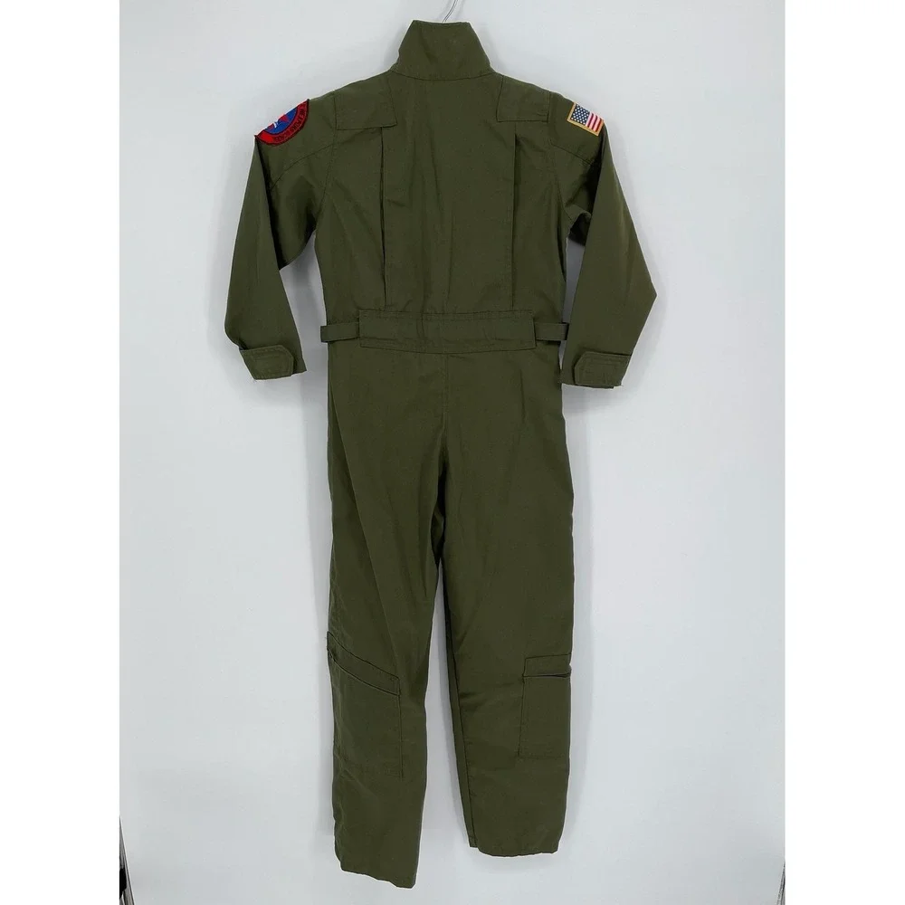 Top Gun Boy's Green Patch Pilot Flight Suit Halloween Costume Jumpsuit Size M